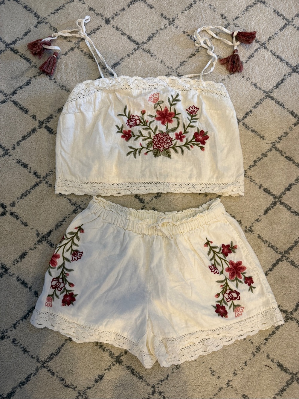 White Embroidered Floral Crop Cami & Shorts Set